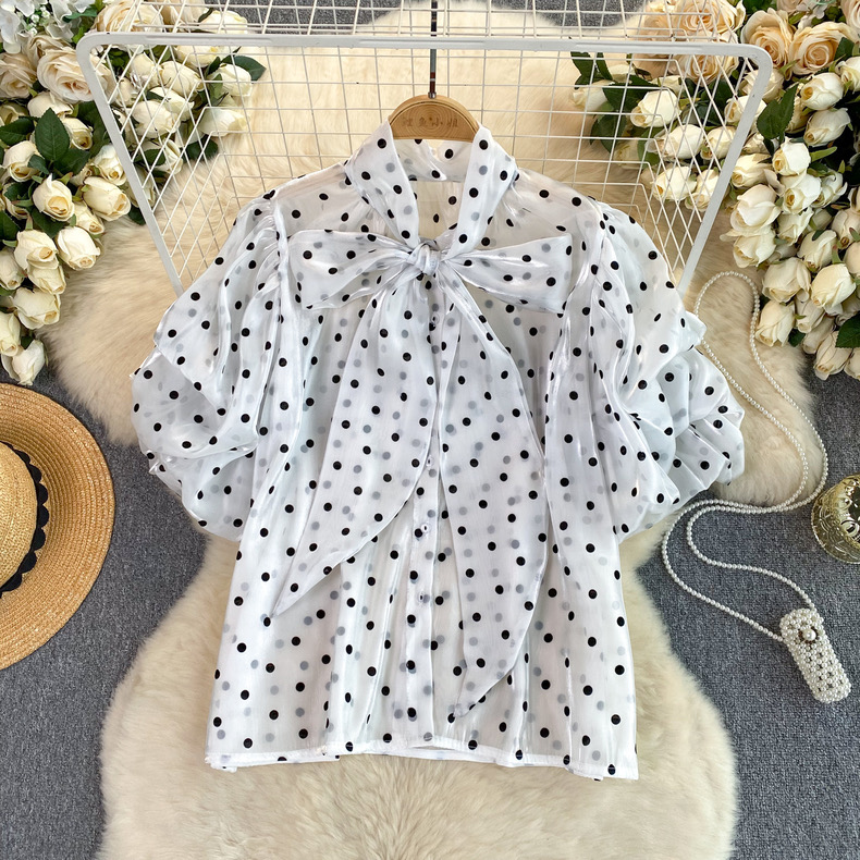 Dot ribbon organdy blouse【monotone color】