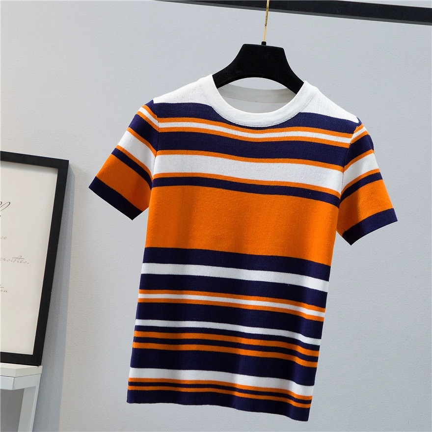 Orange multi border summer knit tops