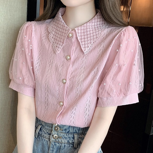 Lace point pearl puff sleeves blouse