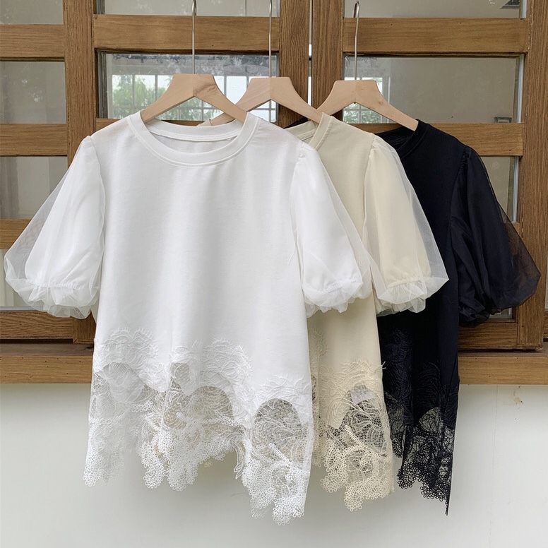 Lace tulle sleeve T-shirt